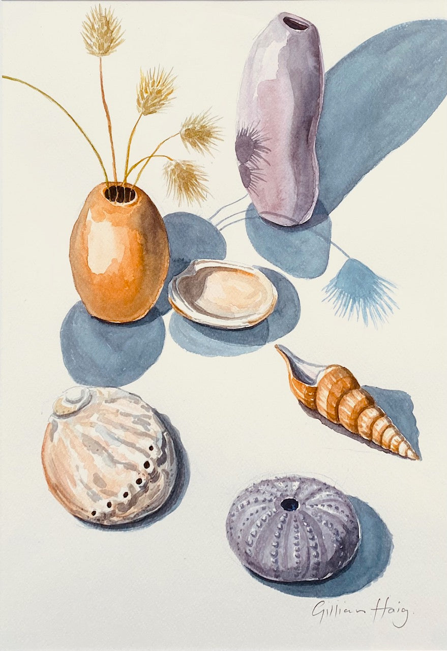 Vases, Shells And Coastal Grasses
